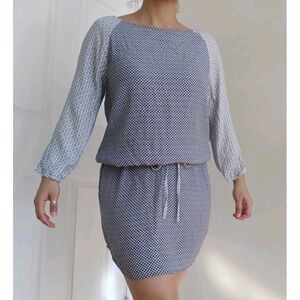 Soft Joie Women's Dress long sleeve Blue White Floral Geometric Print Drawstring